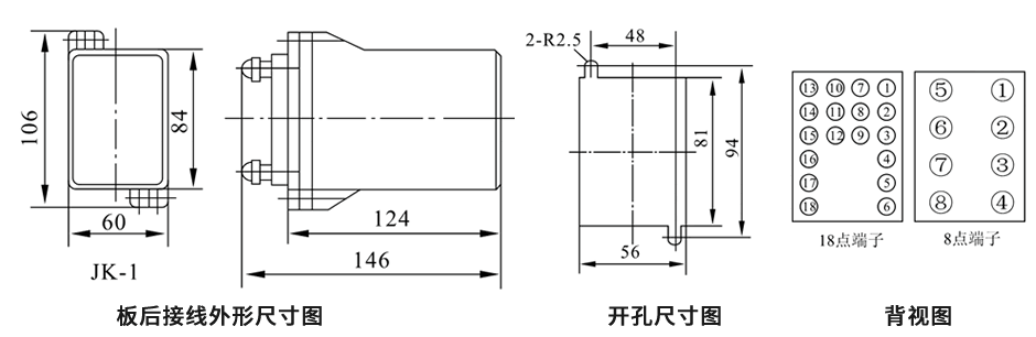 ZJ3-1B闆後接線安裝尺寸圖